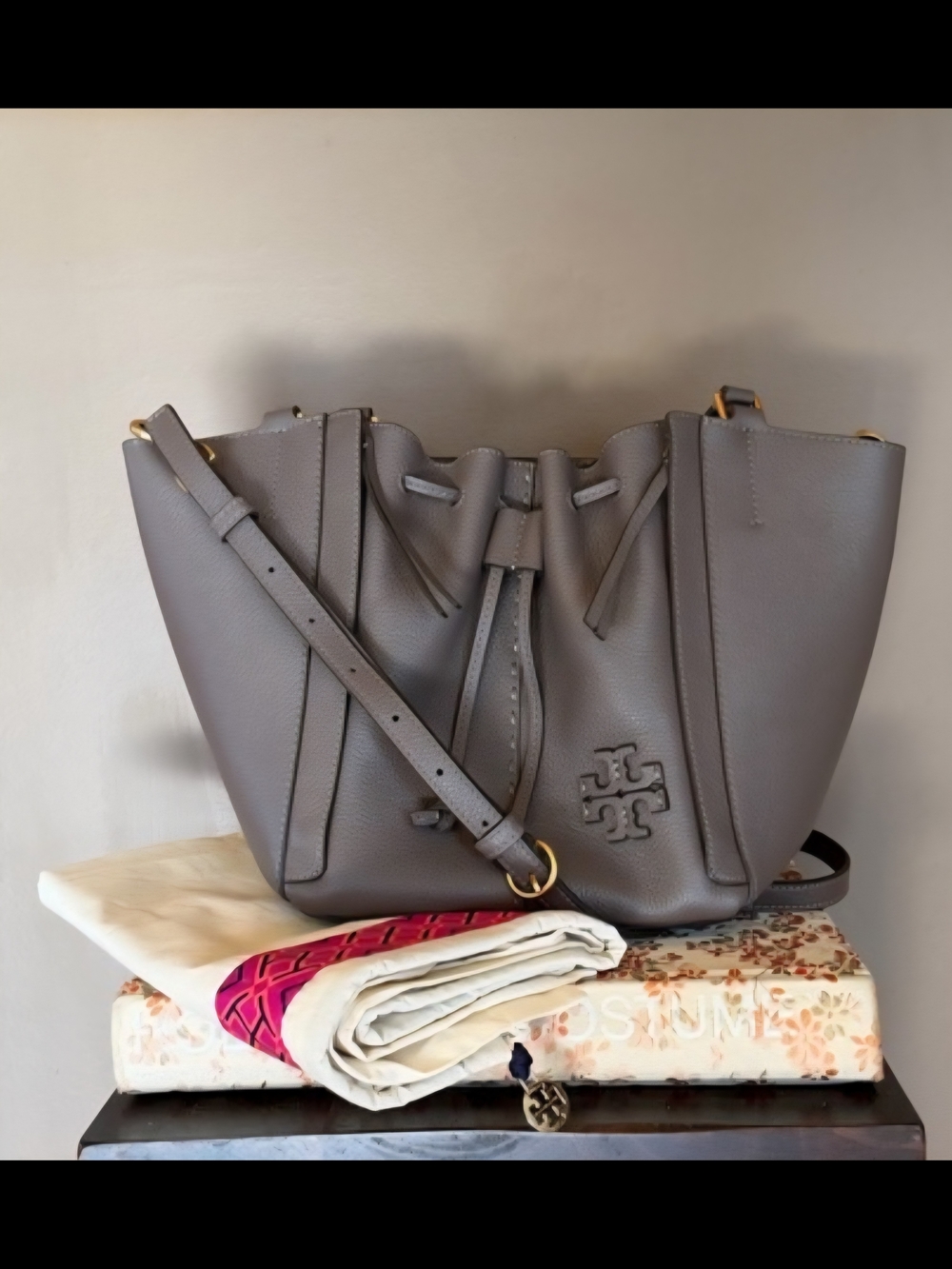 Tory Burch Taupe Pebbled Leather Dragonfly Crossbody